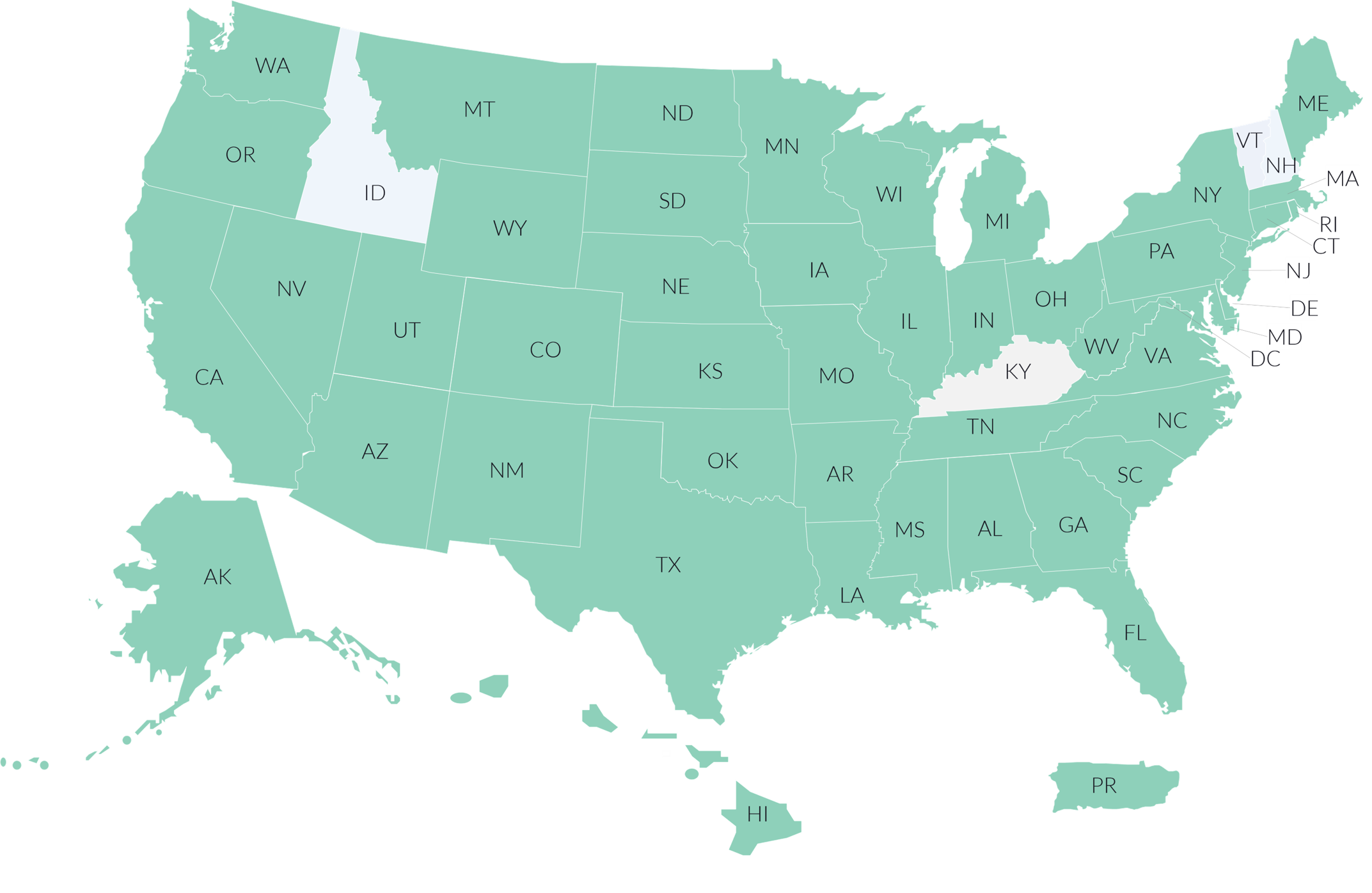United States map showing all states colored green except for Idaho, Kentucky, Vermont, and New Hampshire.